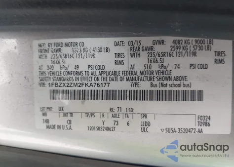 2015 Ford Transit-350 Xlt from USA, damaged, VIN 1FBZX2ZM2FKA76177
